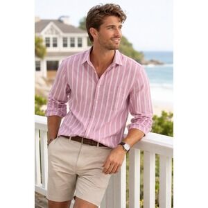 Nautica Pink White Stripe Shirt L Cotton Button Down Preppy Coastal Classic Mens